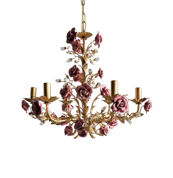 Italian Hand Forged Wrought Iron 6 Lights Gold Leaf Chandelier