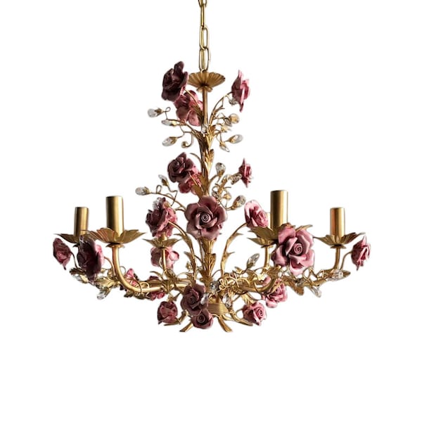 Lustre italien en fer forgé à 6 lumières, feuille d'or, roses en céramique rose