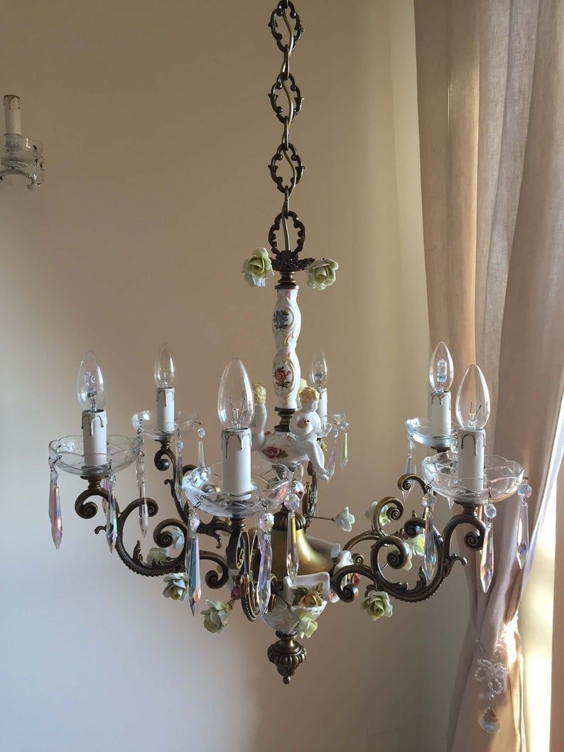 Kostenloser Versand Italienischen Capodimonte Porzellan Blumen Vintage Verzierten Bronze Kronleuchter 6 Leuchten