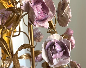 Ready to ship Made in Italy wrought iron gold leaf birdcage chandelier, 5 lights porcelain flowers shabby chic - SALE