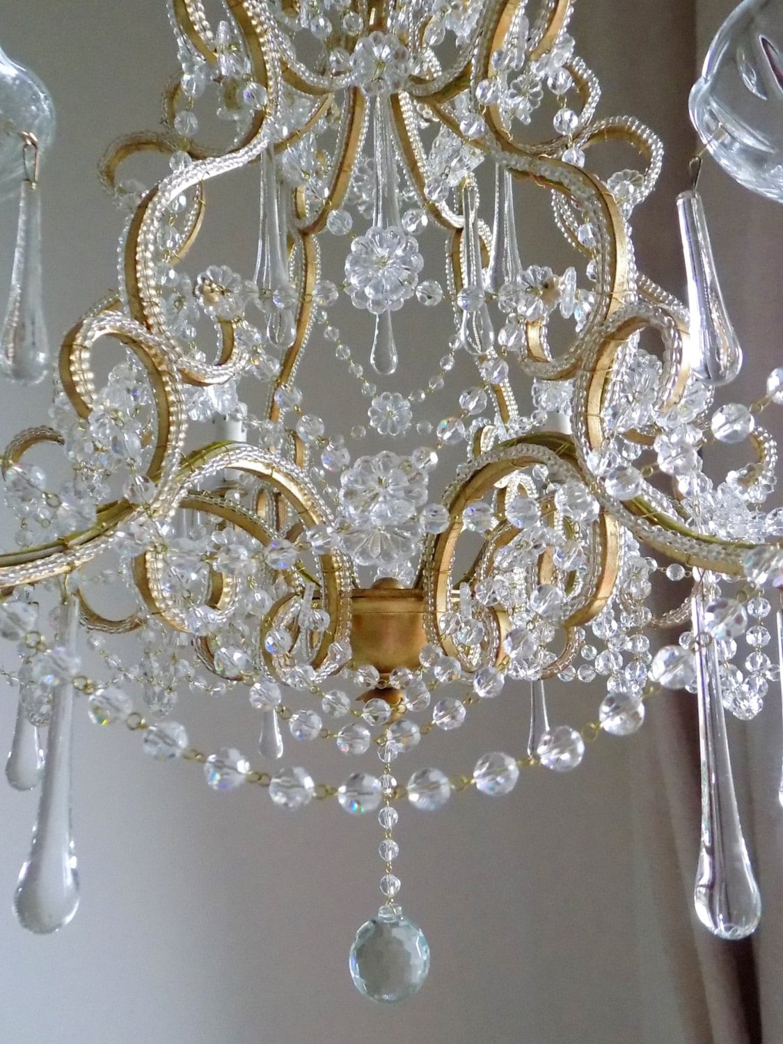 Gold leaf Italian crystal chandelier, birdcage chandelier, antique style 6 lights, clear Murano drops Macaroni beads crystal swags