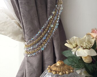 SET of 2 tiebacks Bohemian crystals tiebacks, 5 strands decorative AB clear crystals and gold chains