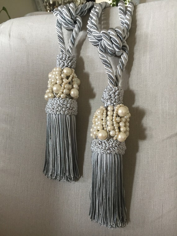 Set Of 2 Chanel Inspired Grey Tassel Tiebacks Drapery Holders Etsy