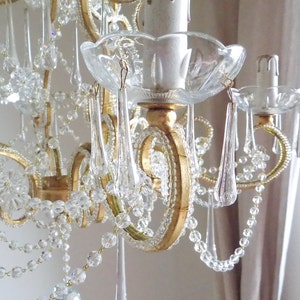 Made in Italy 24 kt gold leaf crystal chandelier, birdcage chandelier, antique style 6 lights, clear Murano drops beads crystal swags image 3