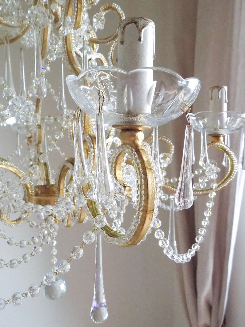 Made in Italy 24 kt gold leaf crystal chandelier, birdcage chandelier, antique style 6 lights, clear Murano drops beads crystal swags image 3