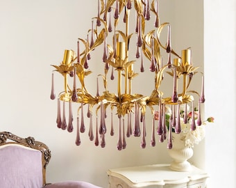 Amethyst color Murano glass drops Gold leaf birdcage crystal chandelier, 6 arms