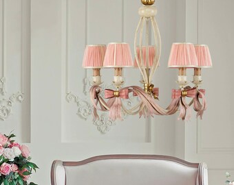 Made in Italy 5 lights wrought iron ribbons chandelier and fabric lampshades