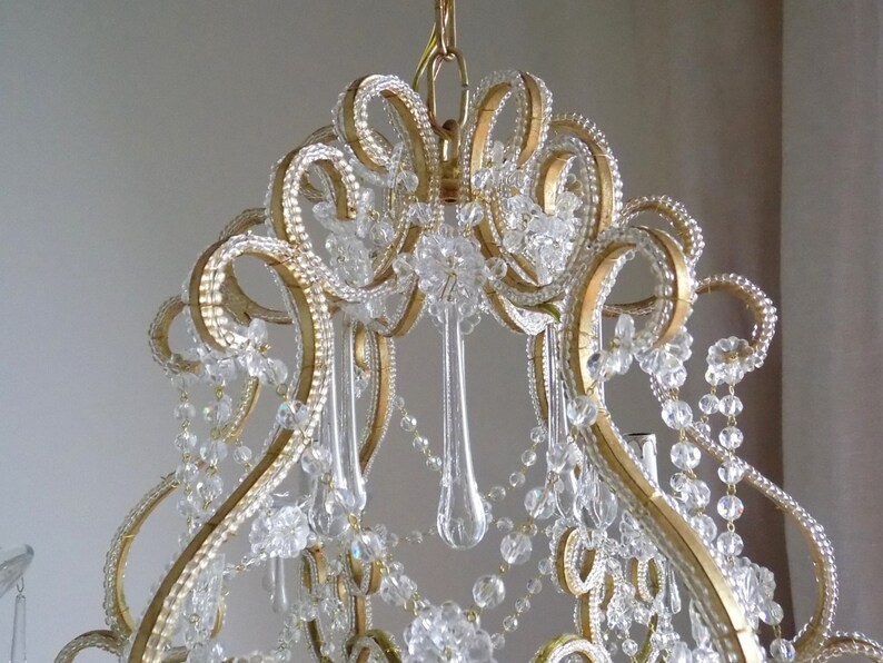 Made in Italy 24 kt gold leaf crystal chandelier, birdcage chandelier, antique style 6 lights, clear Murano drops beads crystal swags image 4