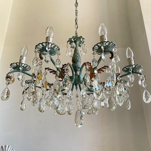 LUXURY Gold and French green and crystals chandelier, vintage Italian solid brass, 8 lights