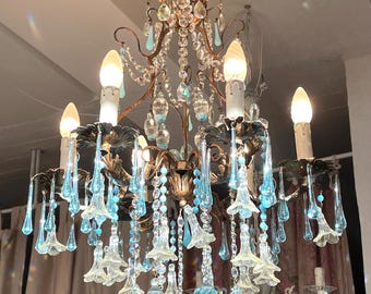 Murano glass pendants vintage chandelier, Italian ornate wrought iron chandelier
