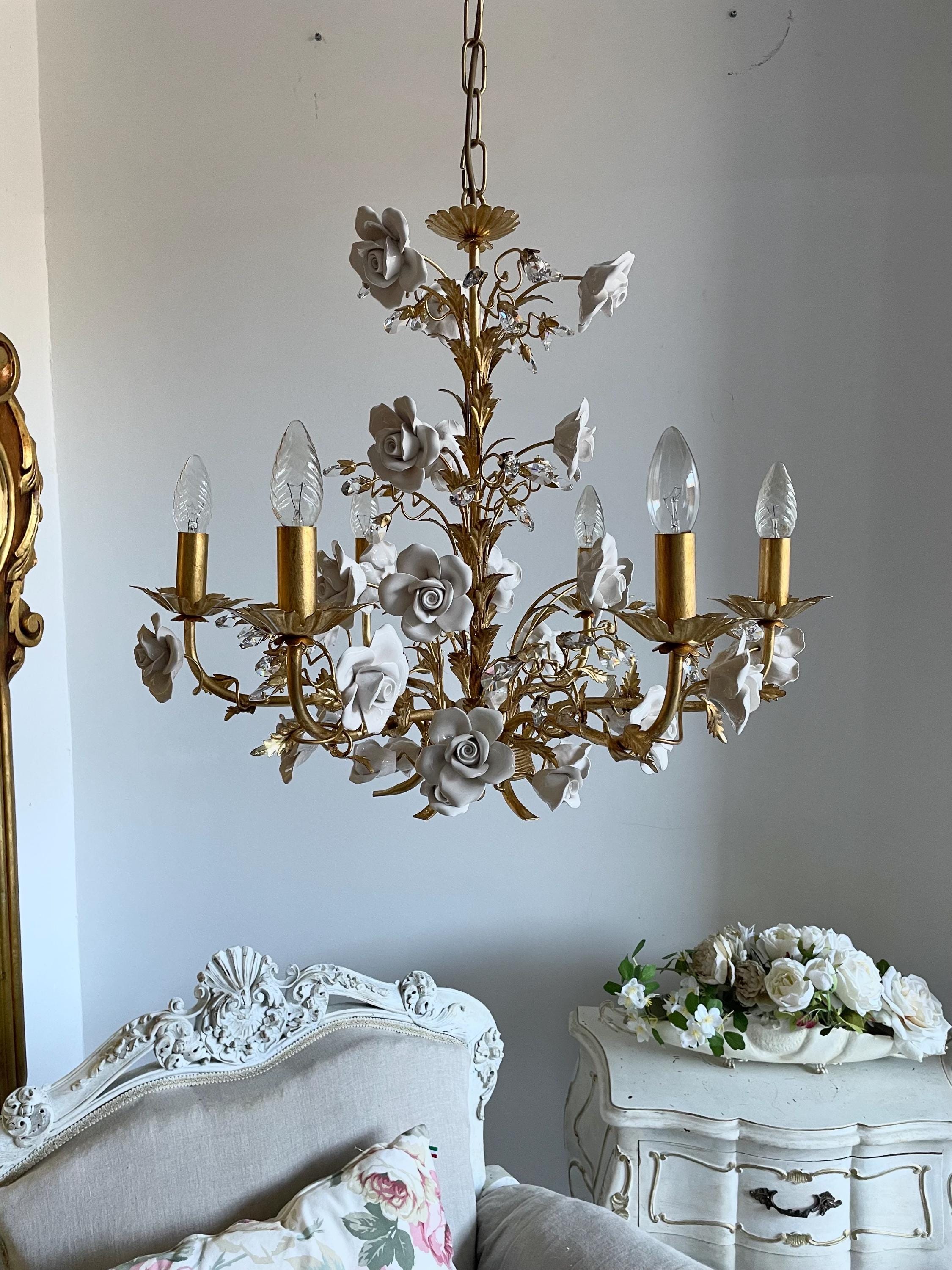 Capodimonte Style Ceramic White Roses Italian Hand Forged Wrought