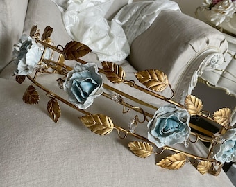 Made in Italy gold bed canopy wrought iron and fine clear blue porcelain peonies and crystals
