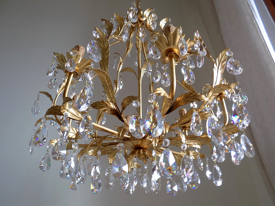 Gold leaf birdcage crystal chandelier 6 arms Asfour crystals Etsy