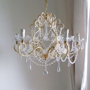Made in Italy 24 kt gold leaf crystal chandelier, birdcage chandelier, antique style 6 lights, clear Murano drops beads crystal swags image 1