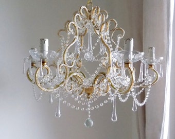 Gold leaf Italian crystal chandelier, birdcage chandelier, antique style 6 lights, clear Murano drops Macaroni beads crystal swags