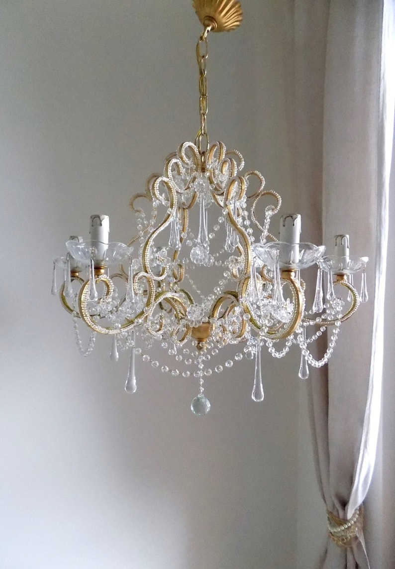 Made in Italy 24 kt gold leaf crystal chandelier, birdcage chandelier, antique style 6 lights, clear Murano drops beads crystal swags image 1