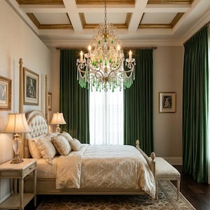 May include: A multi-tiered crystal chandelier with green glass teardrop accents hangs above a bed featuring a tufted headboard, cream-colored bedding, and two bedside lamps. The room includes dark green floor-length curtains and a coffered ceiling.