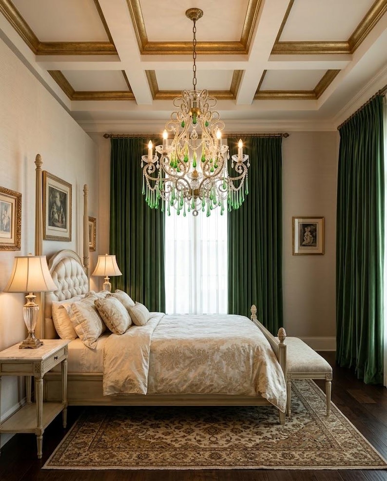 May include: A multi-tiered crystal chandelier with green glass teardrop accents hangs above a bed featuring a tufted headboard, cream-colored bedding, and two bedside lamps. The room includes dark green floor-length curtains and a coffered ceiling.