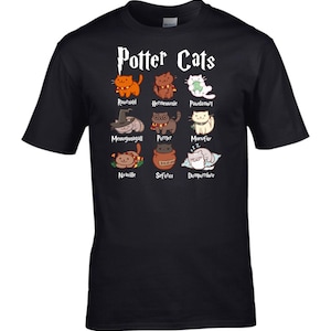 May include: Black t-shirt featuring a white graphic of cats with names like "Potter Cats", "Hermione", "Ron", "Dumbledore", and "Sirius".