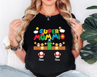 Personalised Super Mummio T-Shirt, Retro Mario Gaming Personalized Mother's Day T Shirt, Mom Mummy Women's Birthday Best Gift for Moms Top