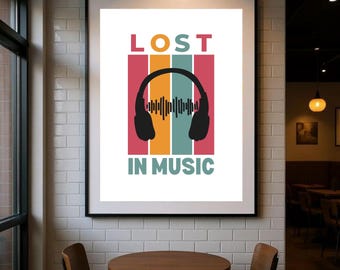 May include: A framed art print with the words "LOST IN MUSIC" in orange and white text. The image features a black headphone graphic with a sound wave design, set against a backdrop of vertical stripes in red, orange, and teal.