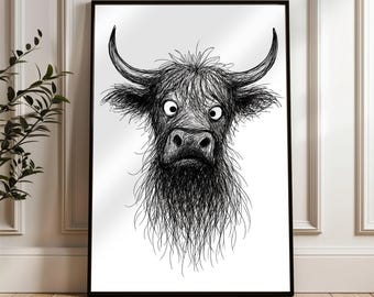 Scruffy Cow Line Drawing Print, Quirky Farmhouse Animal Sketch Physical Print