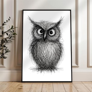 Scruffy Owl Wall Art Print – Quirky Black & White Animal Sketch, Funny Owl Poster, Woodland Nursery Art, Digital Download or Physical Print