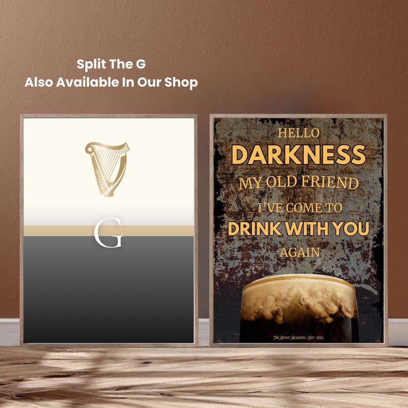 Side-by-side Guinness-inspired wall art mockups, including the “Hello Darkness” pint poster and “Split the G” design, showcased in a clean, minimal setting with warm brown tones, appealing to beer lovers and pub décor enthusiasts.