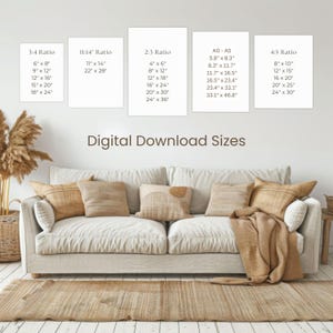 Digital download sizing guide mockup for Guinness-inspired poster art, featuring a bright, modern living room with a neutral sofa, pampas grass décor, and multiple print size previews, perfect for Etsy wall art shoppers.