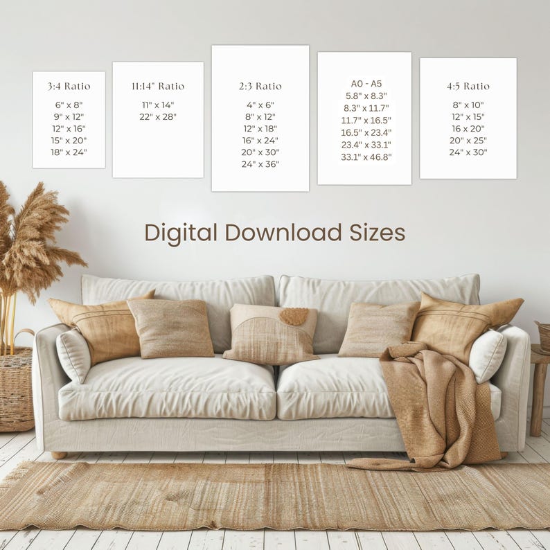Digital download sizing guide mockup for Guinness-inspired poster art, featuring a bright, modern living room with a neutral sofa, pampas grass décor, and multiple print size previews, perfect for Etsy wall art shoppers.