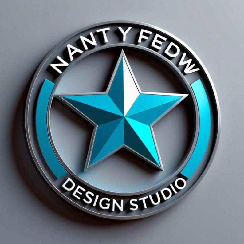 The circular blue and silver star logo for Nant Y Fedw Design Studio, the Etsy shop offering digital downloads of pub-themed wall art and humorous quote prints. This stylish logo adds brand identity and professionalism to the shop, appealing to buyers looking for high-quality, downloadable home décor with a beer or bar culture twist.