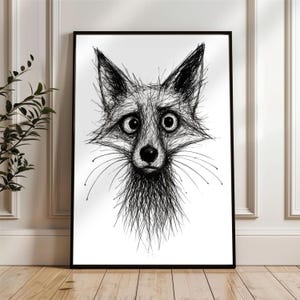 Scruffy Fox Wall Art Print, Quirky Black & White Animal Sketch, Funny Fox Poster, Woodland Nursery Decor, Digital Download or Physical Print