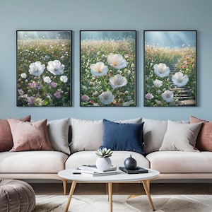 Printable Wildflowers Photography Set of 3, Nature Landscape 3 Piece Large Wall Art, Green Nature Prints Set, Wild Meadow Digital Art
