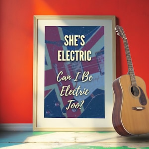 Impresión de arte mural con la letra de la canción "She's Electric" de Oasis, póster con la letra de la canción, guitarra Union Jack, regalo para amantes de la música, envío gratis, varios tamaños