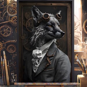 Steampunk Silver Fox Print: Victorian Animal Art (Digital Download)