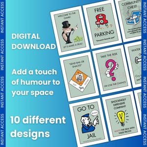 Set di 10 stampe da parete ispirate al Monopoly, stampe a tema gioco divertente, set di 10 stampe digitali, decorazioni per la sala giochi da tavolo, stampe da parete retrò