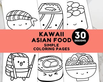 Dibujos para colorear de sushi para niños / Comida asiática / Comida kawaii / 30 diseños de sushi y ramen para imprimir para niños y adultos