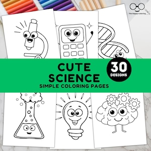 May include: A collection of 30 simple science-themed coloring pages. Each page features a different cartoon illustration, including a microscope, calculator, DNA strand, beaker, lightbulb, and brain. The words "Cute Science" and "Simple Coloring Pages" are displayed on a green banner.