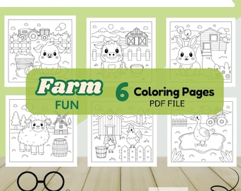 May include: Six black and white coloring pages featuring farm animals, including a pig, cow, rabbit, sheep, chicken, and duck. The pages are 8.5 inches by 8.5 inches and are part of a printable PDF file.