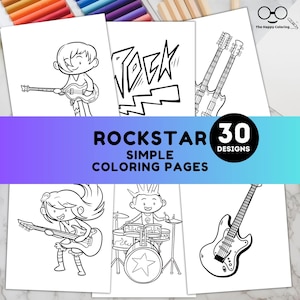 Rockstar Coloring Pages | Guitar Microphone and Band Sheets for Kids and Adults | Easy Rockstar Coloring Book Digital Download #K32