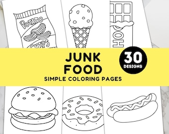 Junk Food Coloring Pages | 30 Fun Printable Sheets for Kids, Teens & Adults | Cute Food Coloring Book with Donuts, Ice Cream, Tacos and More