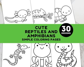 Könnte beinhalten: Einfache Malvorlagen mit Illustrationen von Reptilien und Amphibien. Die Designs umfassen einen Axolotl, ein Chamäleon, eine Schildkröte, eine Eidechse, einen Frosch und eine Schlange. Der Text auf dem Bild lautet "Cute Reptiles and Amphibians Simple Coloring Pages" und "30 Designs".