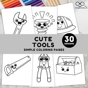 Puede incluir: Un conjunto de páginas para colorear en blanco y negro con ilustraciones de herramientas lindas. La imagen incluye una llave inglesa, una bombilla y una caja de herramientas, con el texto "CUTE TOOLS SIMPLE COLORING PAGES" y "30 DESIGNS".