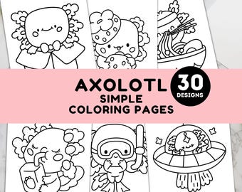 Coloriages d'axolotl mignons | Draps axolotl et océan imprimables pour enfants et adultes | Livre de coloriage axolotl simple en téléchargement numérique #K11