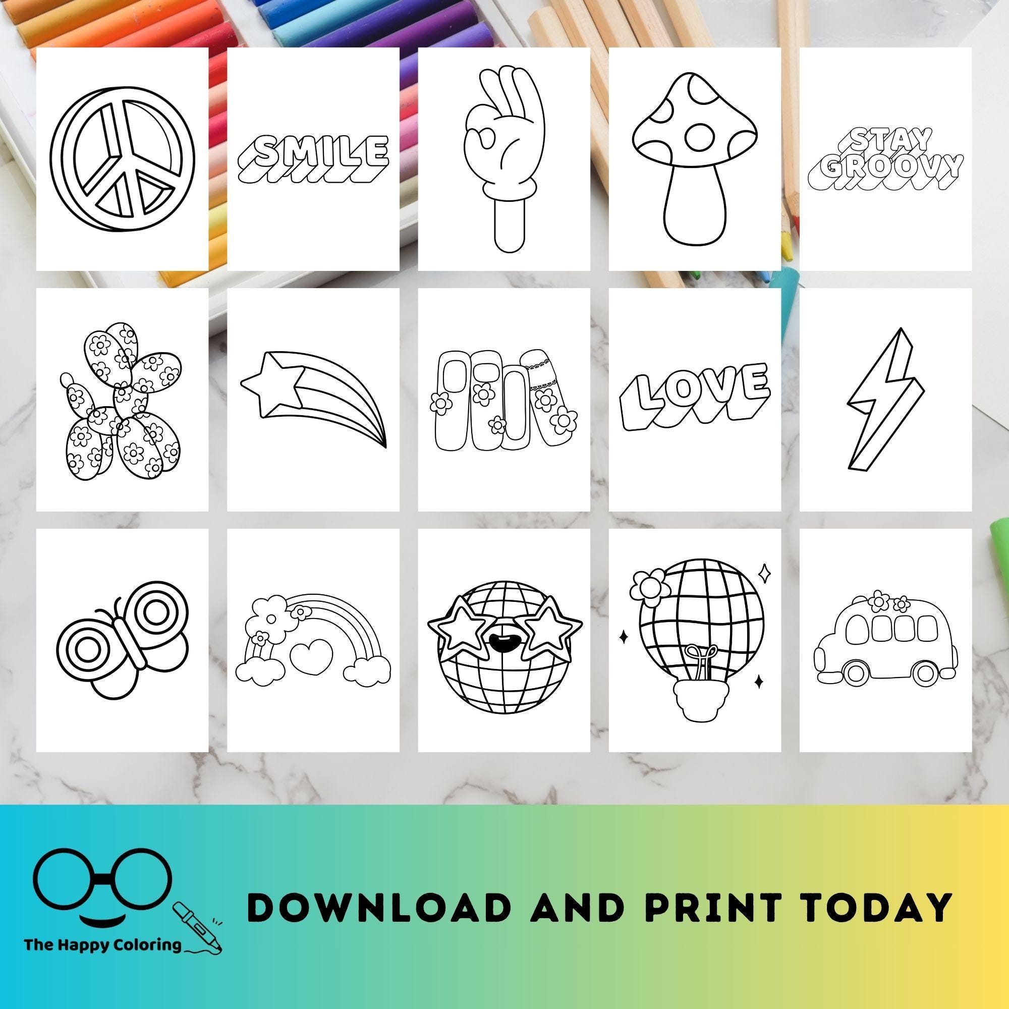 Groovy Coloring Pages Printable | 70s Retro Peace Sign and Flower Power ...