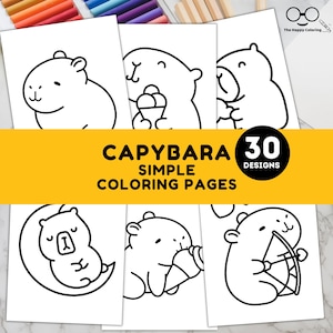Pode incluir: Um conjunto de 30 páginas para colorir simples com capivaras em várias poses. As páginas são em preto e branco e apresentam capivaras fofas fazendo atividades como comer sorvete, dormir na lua e segurar um arco e flecha.