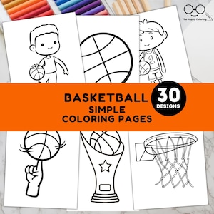 Könnte beinhalten: Eine Sammlung von Basketball-Malvorlagen mit einfachen Designs. Die Seiten zeigen Illustrationen von Basketbällen, Spielern und Körben. Der Text auf dem Bild lautet "BASKETBALL SIMPLE COLORING PAGES" und "30 DESIGNS". Buntstifte sind im Hintergrund zu sehen.