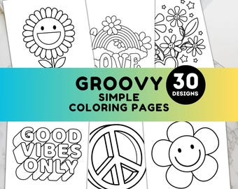 Groovy Coloring Pages Printable | 70s Retro Peace Sign and Flower Power Sheets for Kids and Adults Easy Funky Coloring Book Digital Download