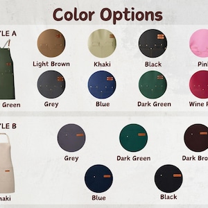 May include: A color chart displaying two apron styles. Style A features cross-back straps and pockets in light brown, khaki, black, pink, grey, blue, army green, dark green, and wine red. Style B shows aprons in grey, dark green, dark brown, blue, and black.