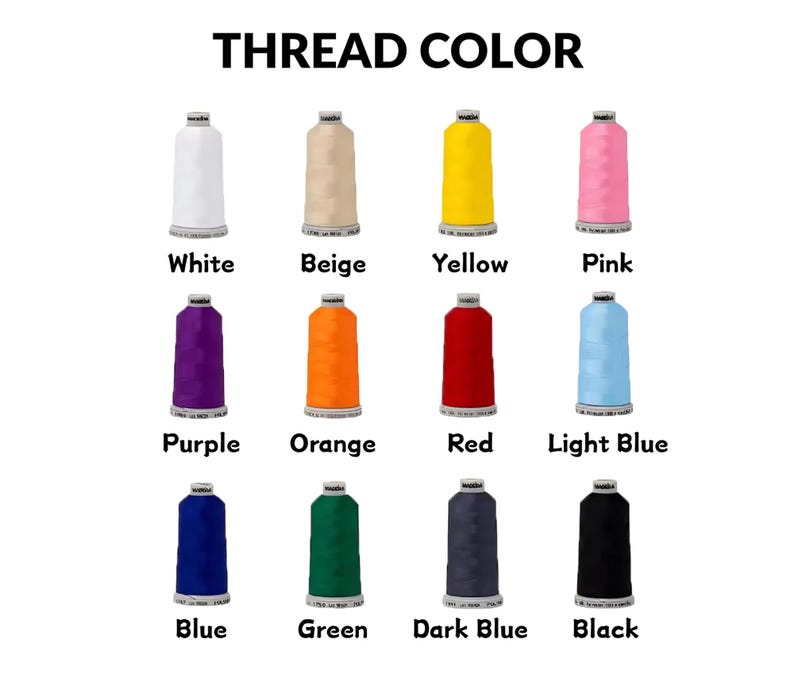 May include: A color chart titled THREAD COLOR displaying twelve spools of embroidery thread in white, beige, yellow, pink, purple, orange, red, light blue, blue, green, dark blue, and black, each labeled with its corresponding color name below.